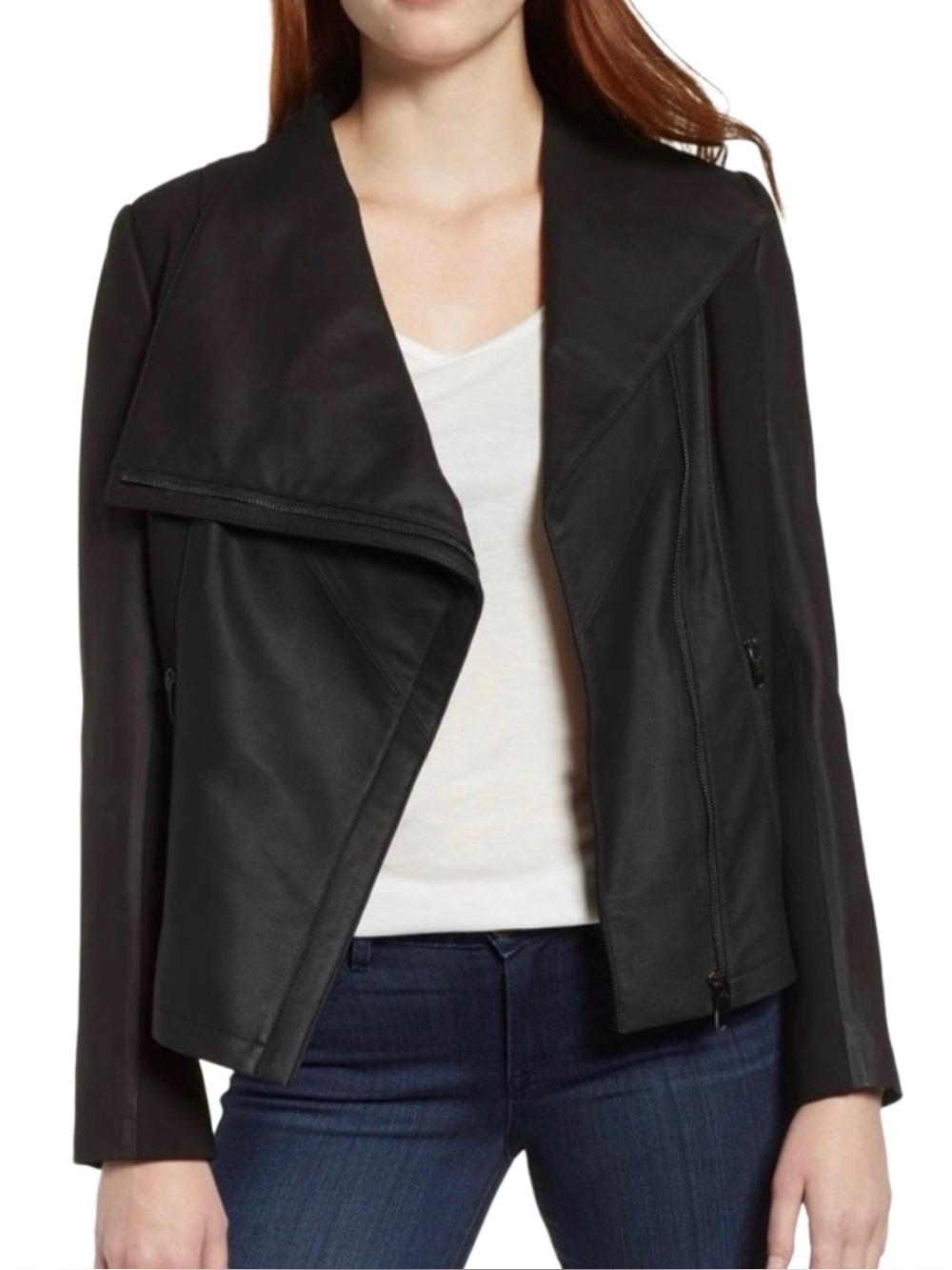 Via Spiga Black Leather Moto Jacket — Peplum and Stretch Material Back — Size S